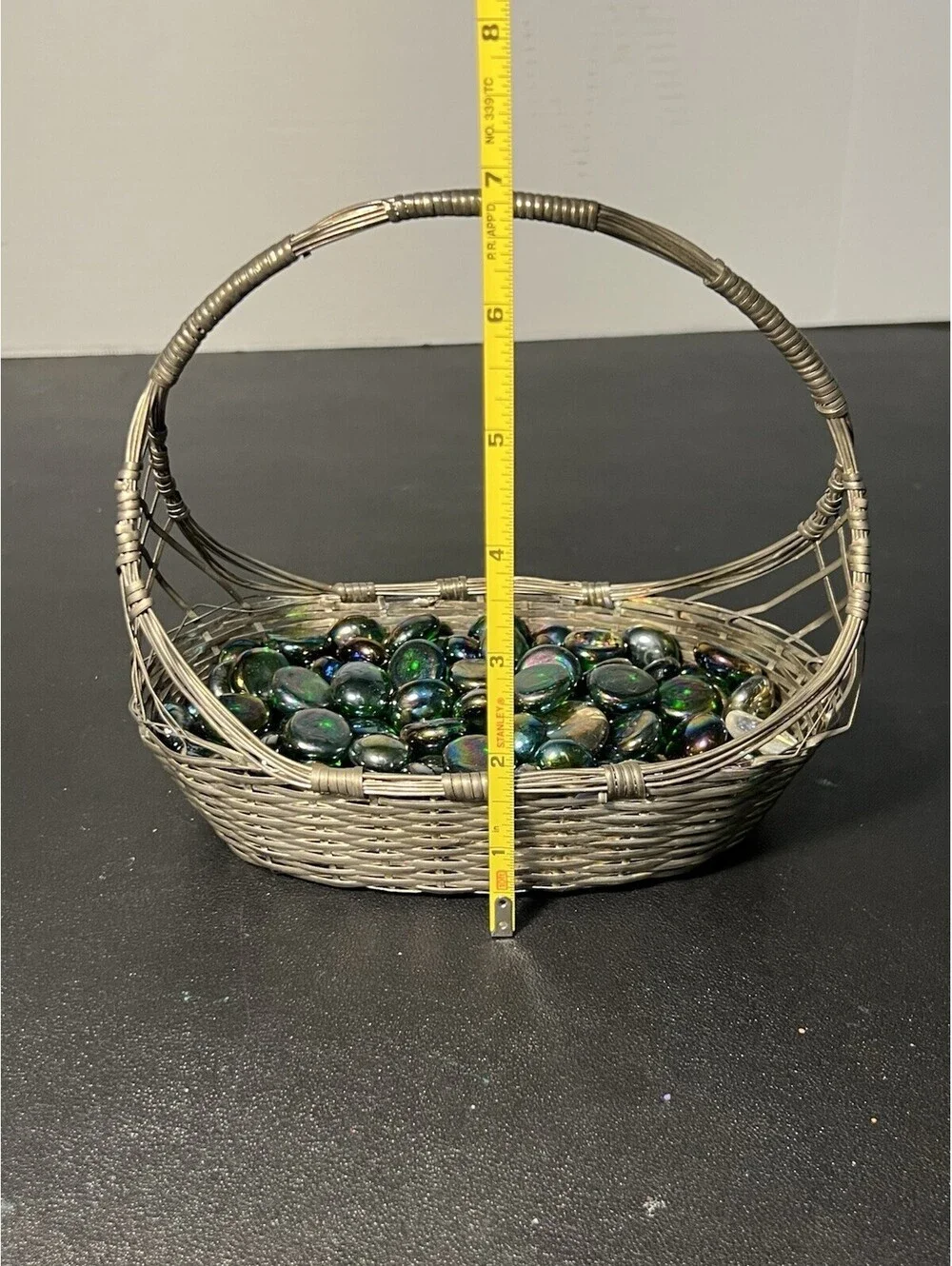 Vintage 1950s Woven Silver Tone Wire Basket With Iridescent Glass Gems, 7x7”